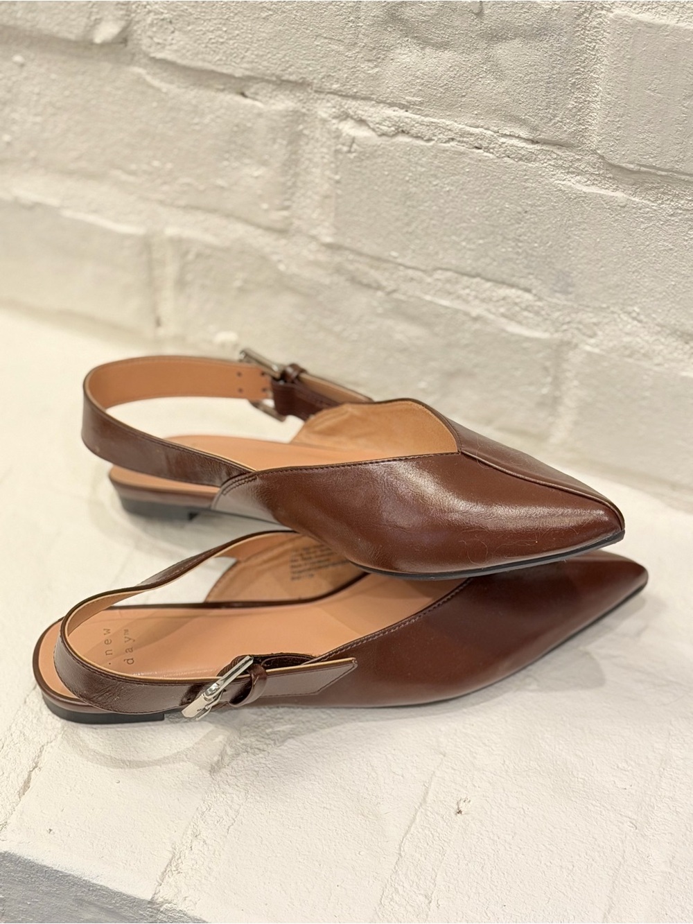 Pointed Toe Brown Leather Slingback Flats